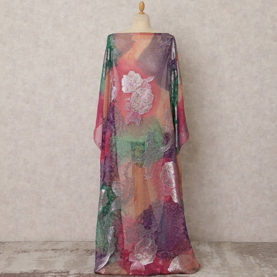 Multicolor Fransawi Silk Chiffon Dirac fabric with Metallic Lurex in Abstract Design - 3.5 Meters X 140 Cms-D21612