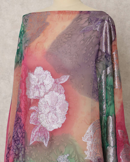 Multicolor Fransawi Silk Chiffon Dirac fabric with Metallic Lurex in Abstract Design - 3.5 Meters X 140 Cms-D21612