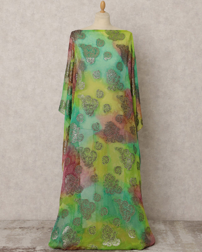 Multicolor Fransawi Silk Chiffon Dirac fabric with Metallic Lurex in Abstract Design - 3.5 Meters X 140 Cms-D21613