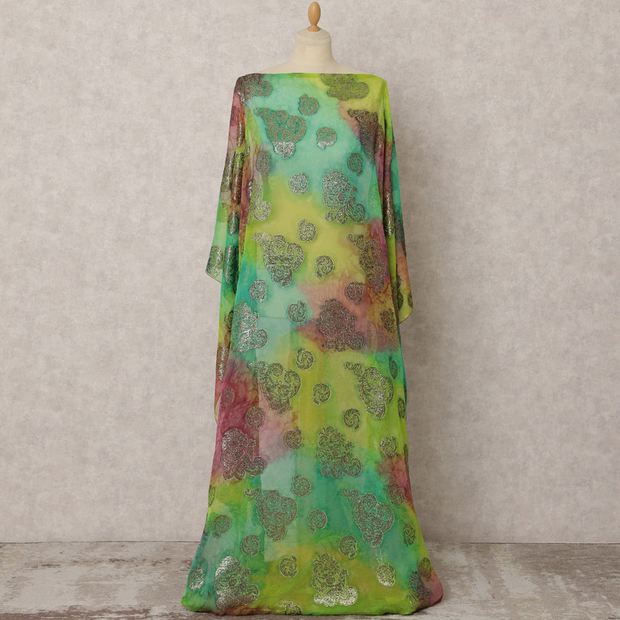 Multicolor Fransawi Silk Chiffon Dirac fabric with Metallic Lurex in Abstract Design - 3.5 Meters X 140 Cms-D21613