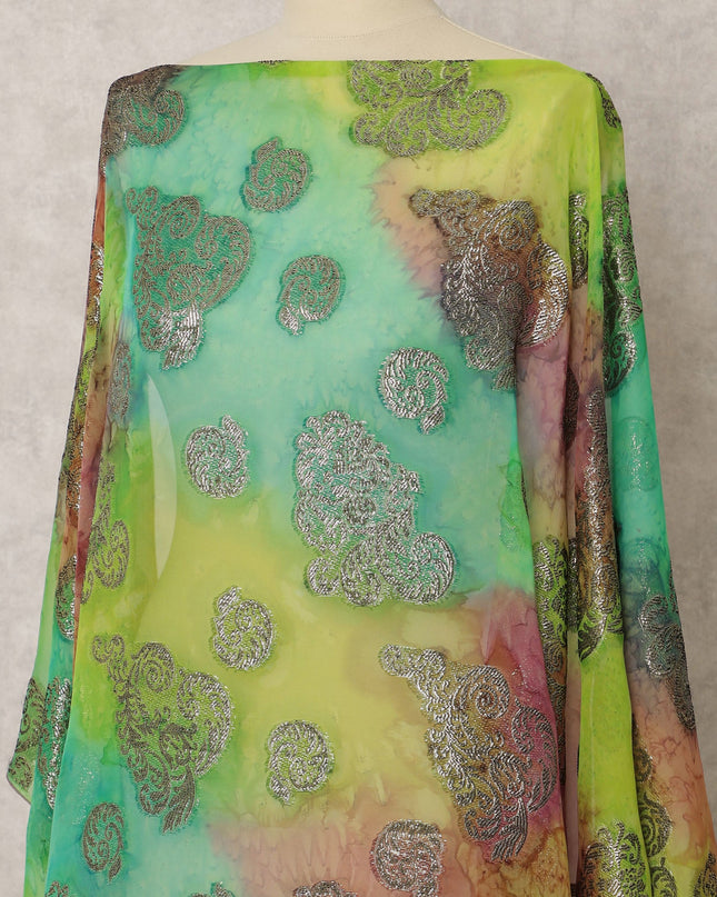 Multicolor Fransawi Silk Chiffon Dirac fabric with Metallic Lurex in Abstract Design - 3.5 Meters X 140 Cms-D21613