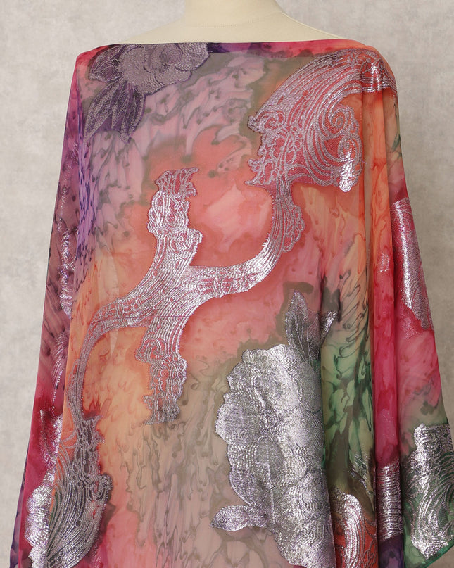 Multicolor Fransawi Silk Chiffon Dirac fabric with Metallic Lurex in Abstract Design - 3.5 Meters X 140 Cms-D21614