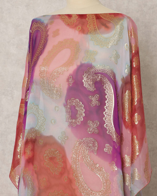 Multicolor Fransawi Silk Chiffon Dirac fabric with Paisley Metallic Lurex in Abstract Design - 3.5 Meters X 140 Cms-D21615