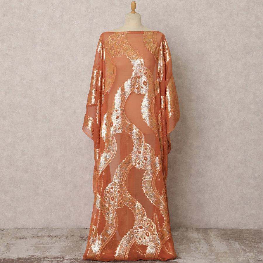 قماش ديراك شيفون حرير برتقالي مع لوركس معدني بتصميم تجريدي - 3.5 متر × 140 سم - D21616