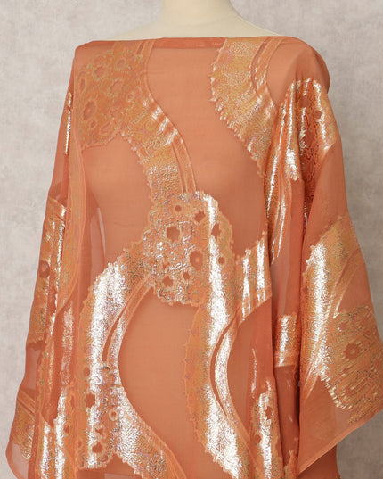 Orange Silk Chiffon Dirac fabric with Metallic Lurex in Abstract Design - 3.5 Meters X 140 Cms-D21616