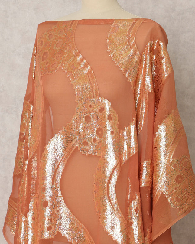 Orange Silk Chiffon Dirac fabric with Metallic Lurex in Abstract Design - 3.5 Meters X 140 Cms-D21616