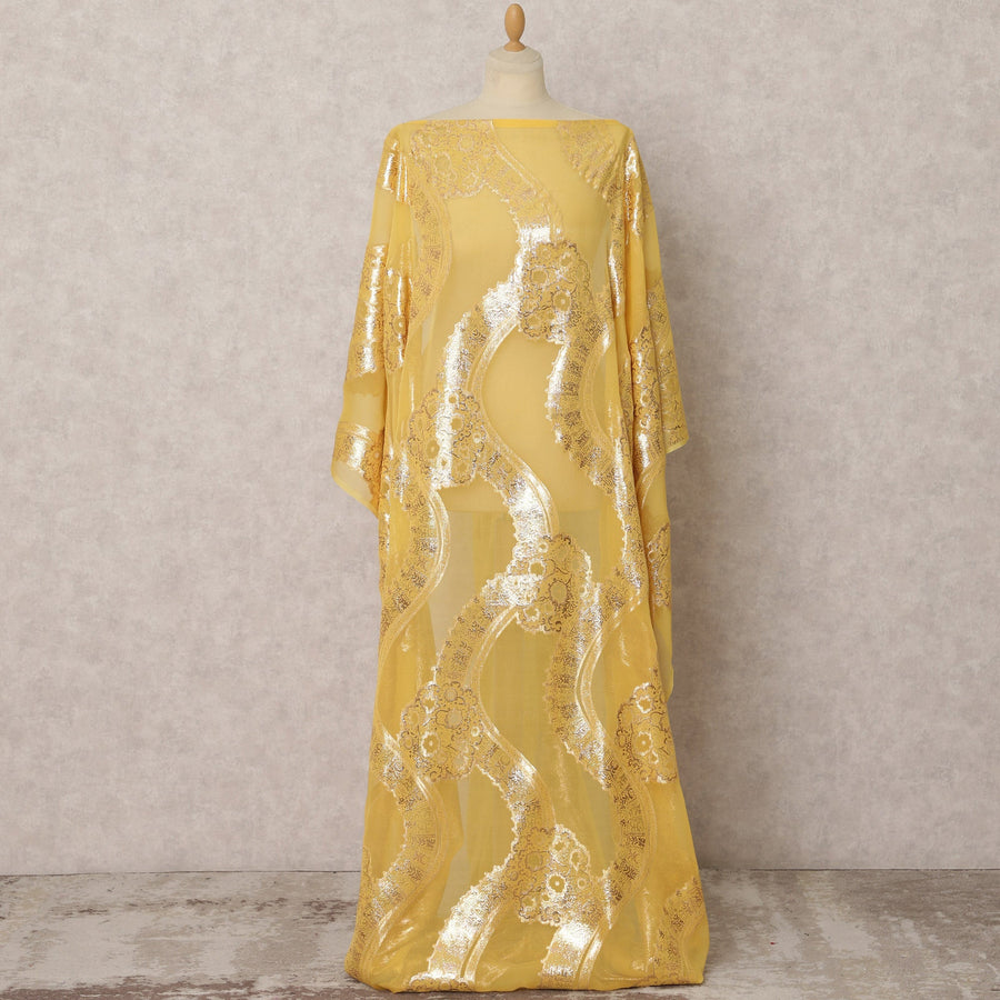 قماش شيفون حرير أصفر مع لوركس معدني بتصميم تجريدي - 3.5 متر × 140 سم - D21617