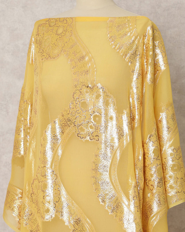 Yellow Silk Chiffon Dirac fabric with Metallic Lurex in Abstract Design - 3.5 Meters X 140 Cms-D21617