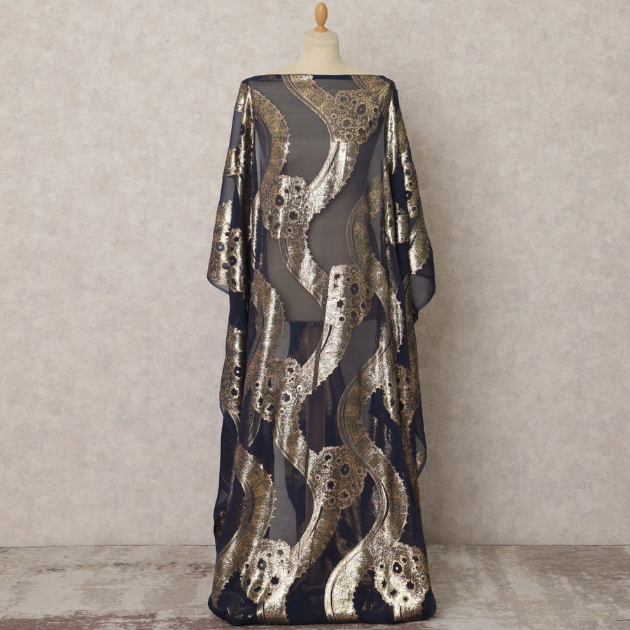 Navy Blue Silk Chiffon Dirac fabric with Metallic Lurex in Abstract Design - 3.5 Meters X 140 Cms-D21618