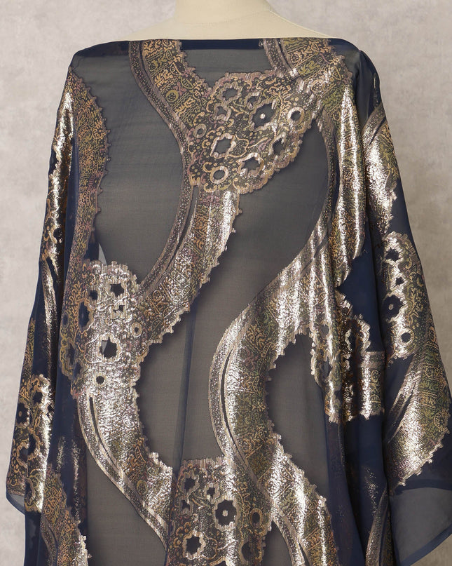 Navy Blue Silk Chiffon Dirac fabric with Metallic Lurex in Abstract Design - 3.5 Meters X 140 Cms-D21618