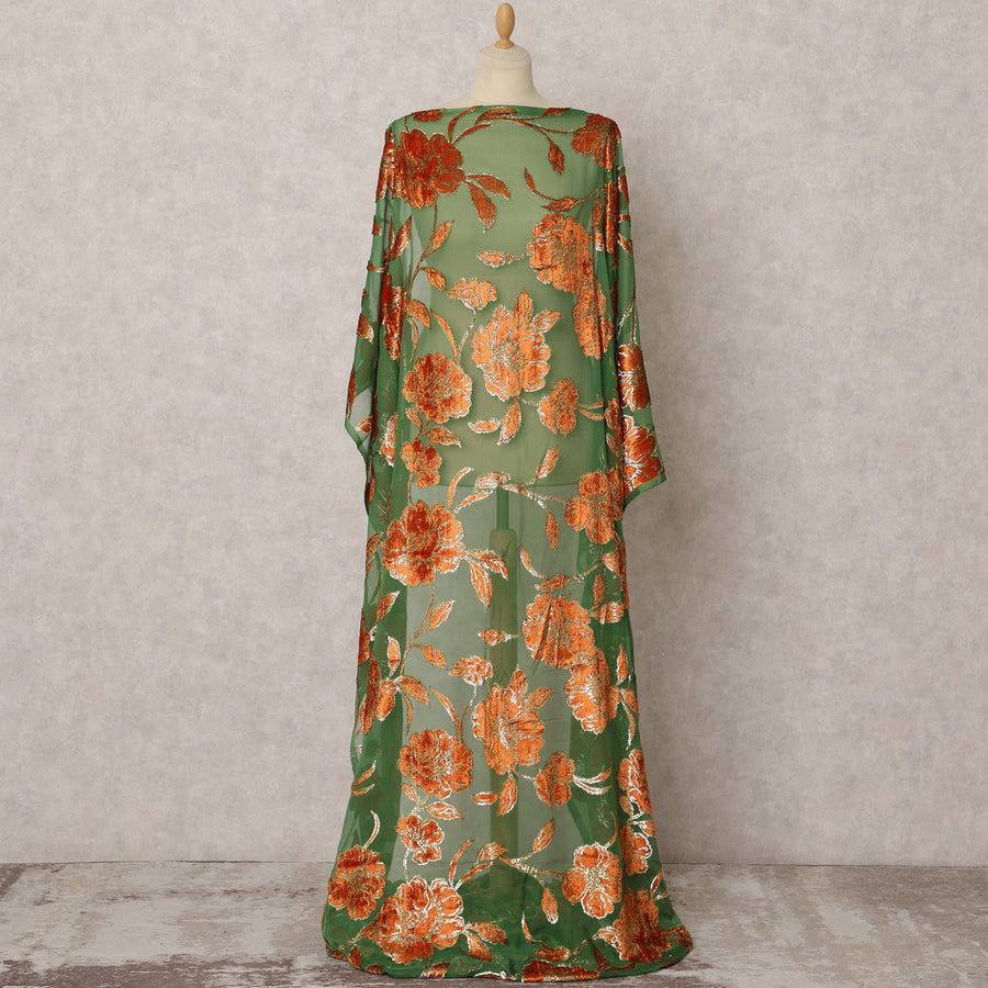 Green Somali Silk Chiffon Velvet Makmal Dirac Fabric with Metallic Lurex, 3.5 Meters, 140 cm Wide, South Korea-D22093