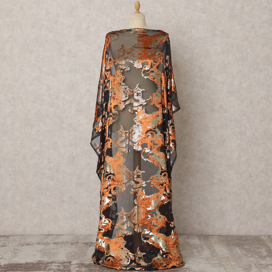 Black Somali Silk Chiffon Velvet Makmal Dirac Fabric with Copper & Gold Metallic Lurex, 3.5 Meters, 140 cm Wide, South Korea-D22098