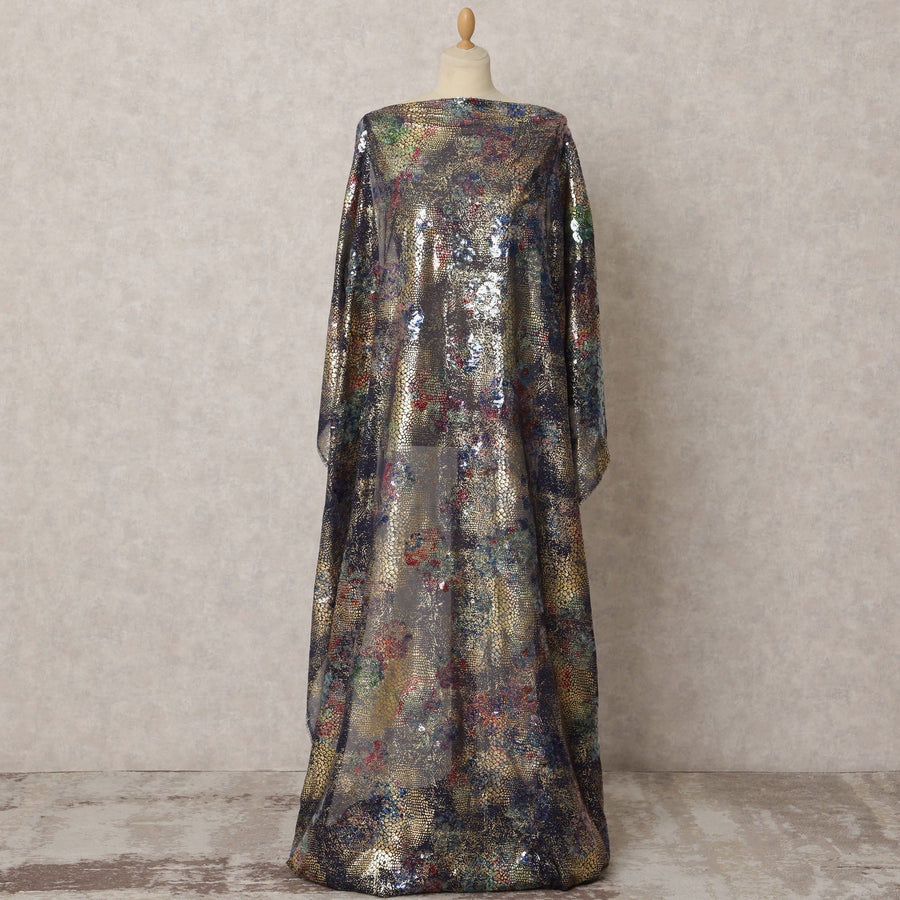 Black Somali Silk Georgette Dirac Fabric with Multicolor Sequin Work, 3.5 Meters, 140 cm Wide, South Korea-D22101