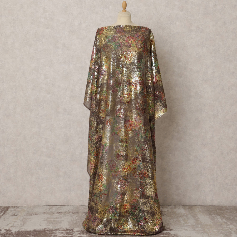 Gold Somali Silk Georgette Dirac Fabric with Multicolor Sequin Work, 3.5 Meters, 140 cm Wide, South Korea-D22102