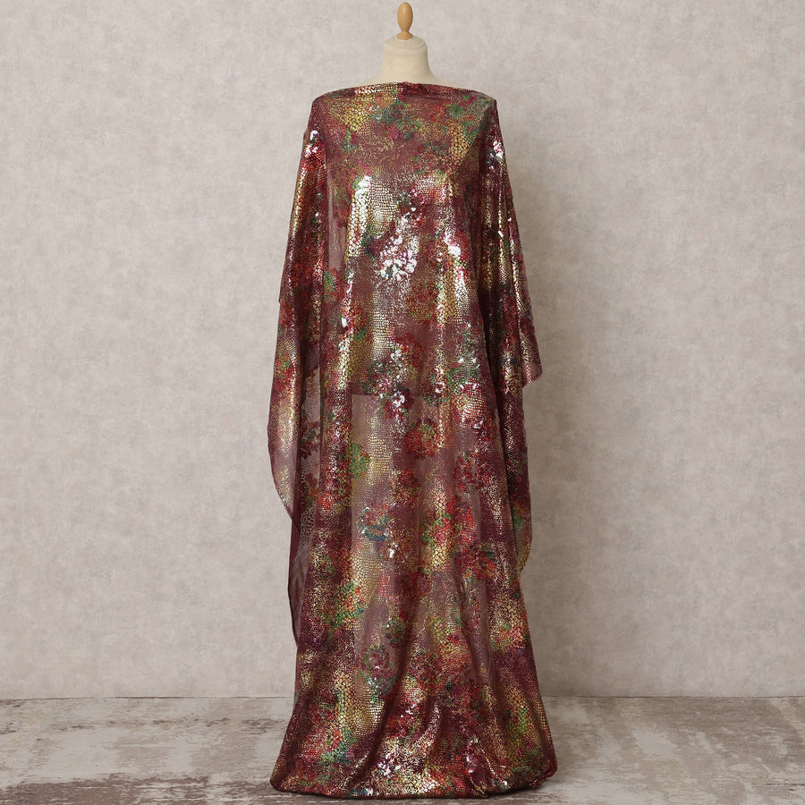 Maroon Somali Silk Georgette Dirac Fabric with Multicolor Sequin Work, 3.5 Meters, 140 cm Wide, South Korea-D22103