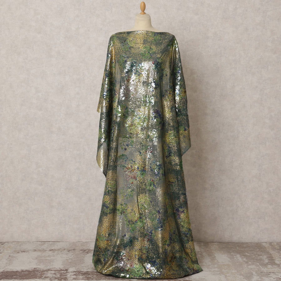Olive Green Somali Silk Georgette Dirac Fabric with Multicolor Sequin Work, 3.5 Meters, 140 cm Wide, South Korea-D22104