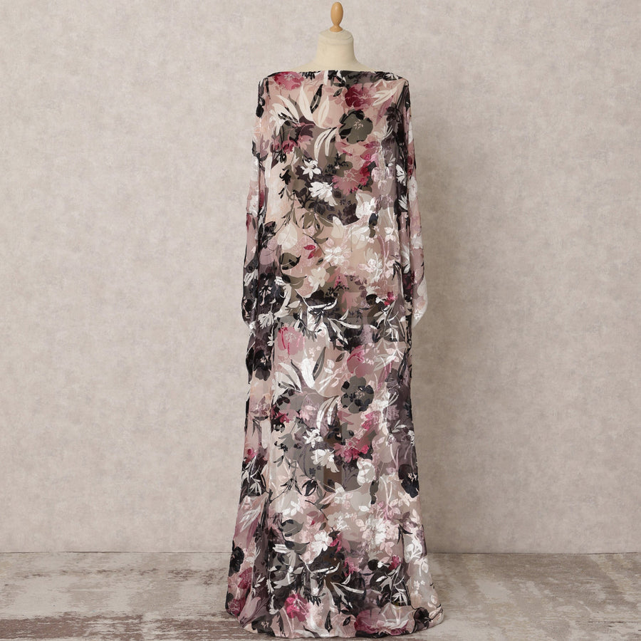 Multi-Color Somali Silk Chiffon Velvet Makmal Dirac Fabric with Floral Print & Metallic Lurex, 3.5 Meters, 140 cm Wide, South Korea-D22105