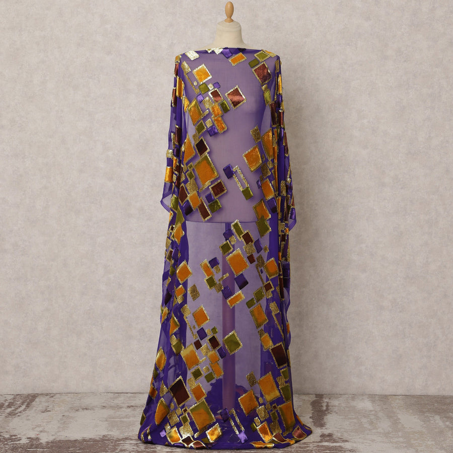 Purple Somali Silk Chiffon Velvet Makmal Dirac Fabric with Geometric Design & Metallic Lurex, 3.5 Meters, 140 cm Wide, South Korea-D22106