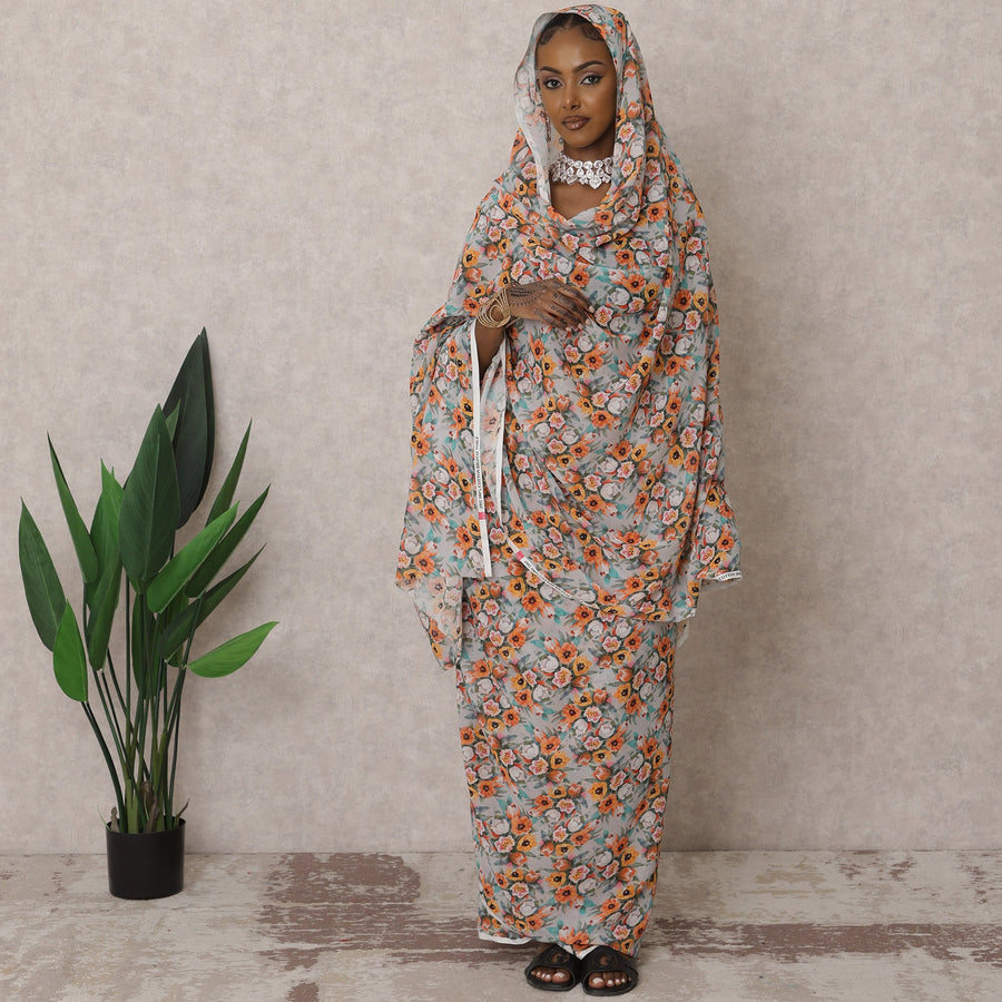 Light Grey Floral Traditional Sudanese Thobe – Pure Cotton Voile Fabric, 4.5 Meters, 110 cm Width, India-D22429