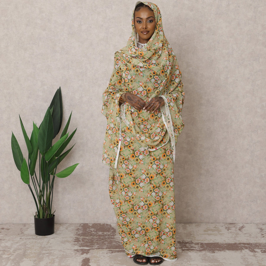 ثوب سوداني تقليدي مزهر باللون الأخضر الفاتح - قماش فوال قطني خالص، 4.5 متر، عرض 110 سم، الهند - D22431