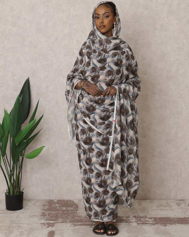 ثوب سوداني تقليدي بني وأبيض - قماش فوال قطني خالص، 4.5 متر، عرض 110 سم، الهند - D22432