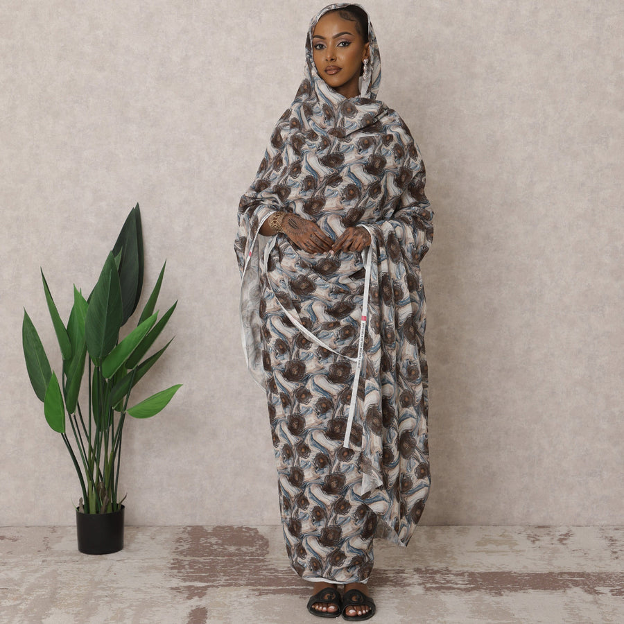 ثوب سوداني تقليدي بني وأبيض - قماش فوال قطني خالص، 4.5 متر، عرض 110 سم، الهند - D22432