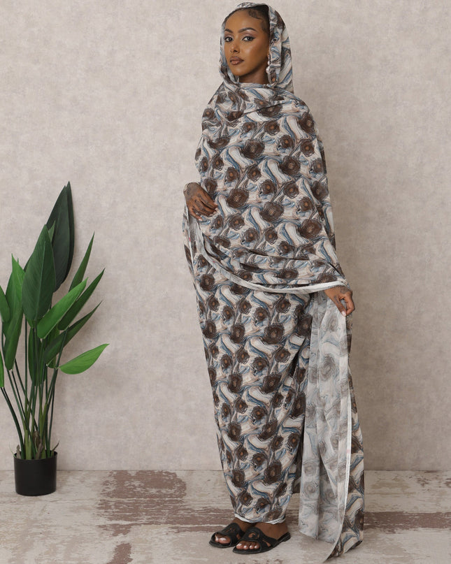 ثوب سوداني تقليدي بني وأبيض - قماش فوال قطني خالص، 4.5 متر، عرض 110 سم، الهند - D22432