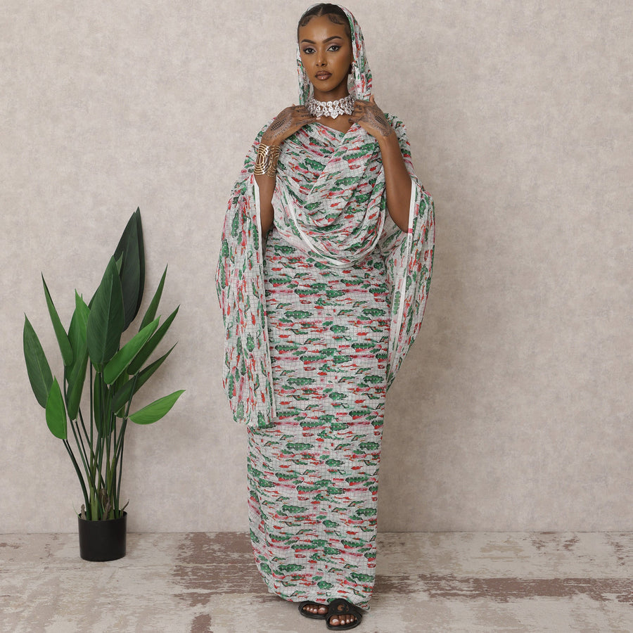 White & Green Traditional Sudanese Thobe – Pure Cotton Voile Fabric, 4.5 Meters, 110 cm Width, India-D22436