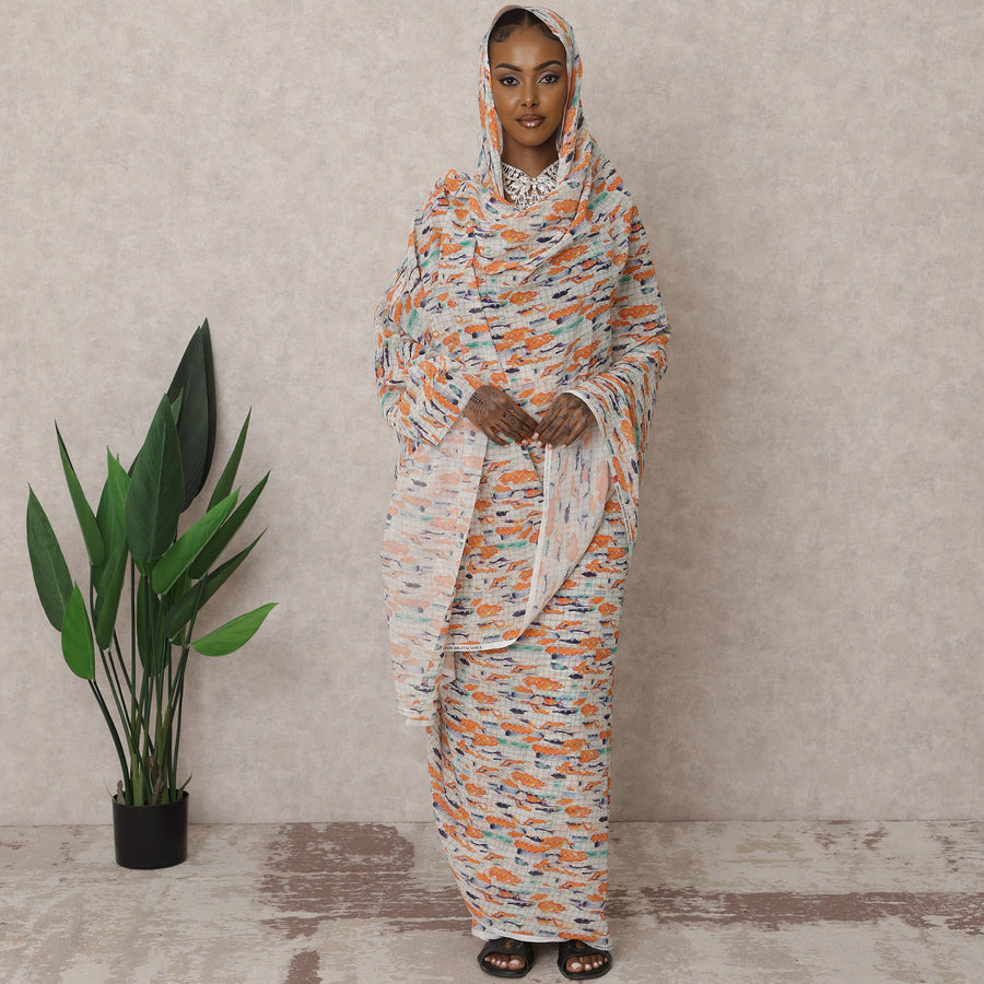 White & Orange Traditional Sudanese Thobe – Pure Cotton Voile Fabric, 4.5 Meters, 110 cm Width, India-D22437