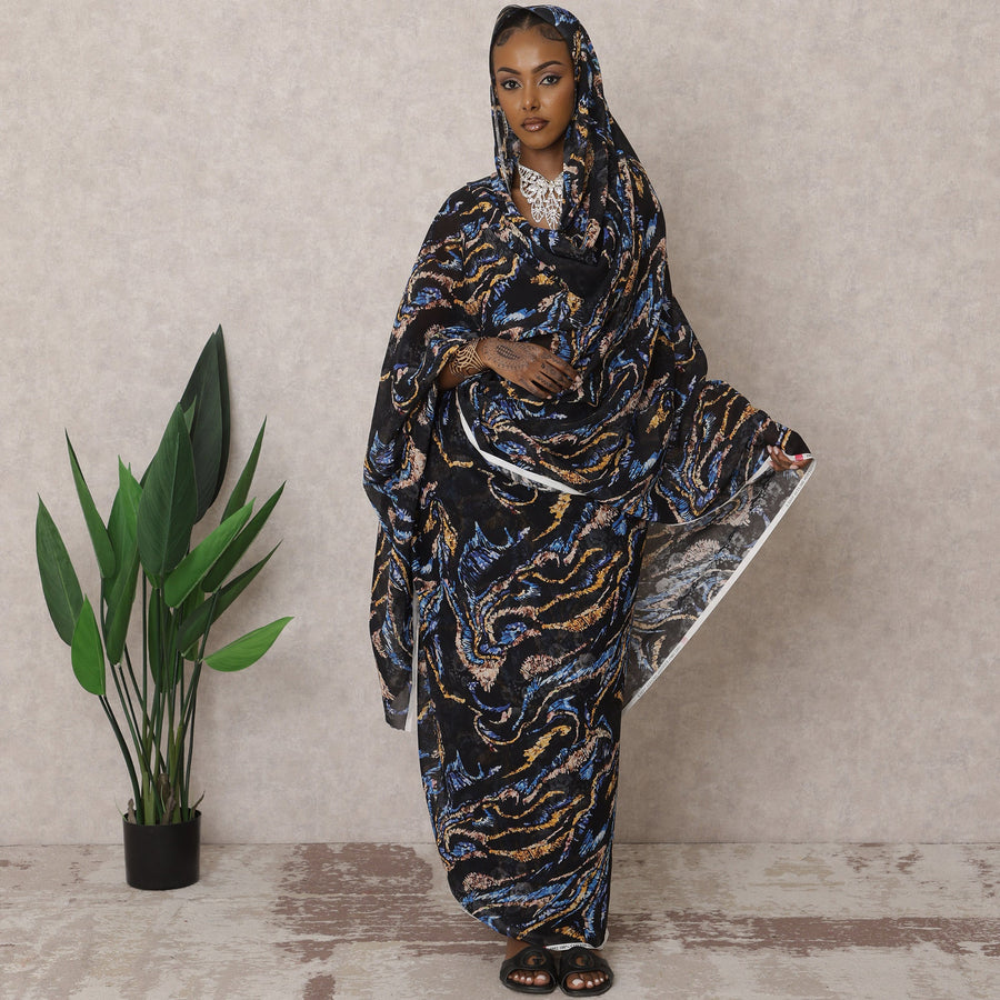 Black & Blue Traditional Sudanese Thobe – Pure Cotton Voile Fabric, 4.5 Meters, 110 cm Width, India-D22438