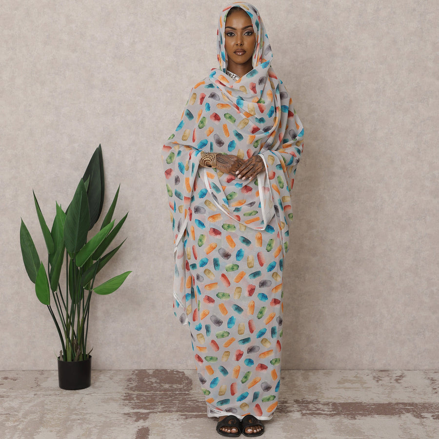 ثوب سوداني تقليدي متعدد الألوان رمادي لؤلؤي - قماش فوال قطني خالص، 4.5 متر، عرض 110 سم، الهند - D22446