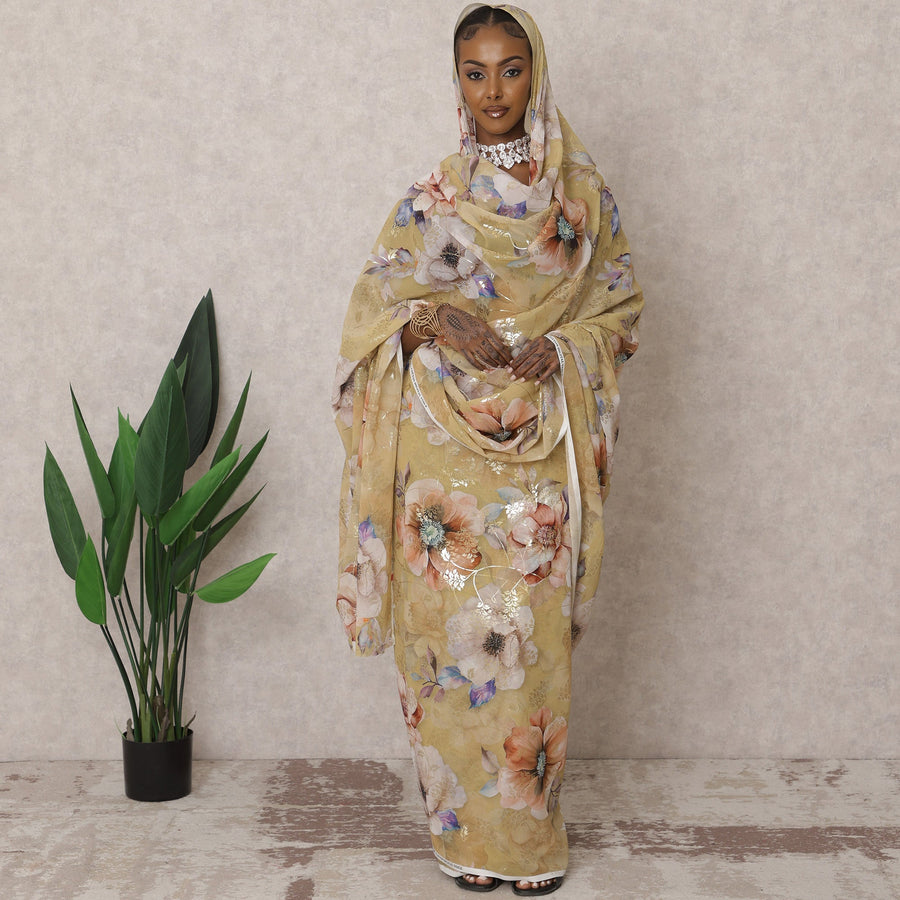 ثوب سوداني تقليدي بيج ذهبي - قماش فوال قطني خالص، 4.5 متر، عرض 140 سم، الهند - D22447