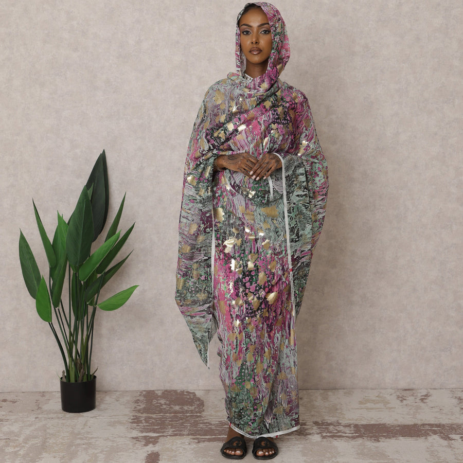 Pink & Green Traditional Sudanese Thobe – Pure Cotton Voile Fabric, 4.5 Meters, 140 cm Width, India-D22451