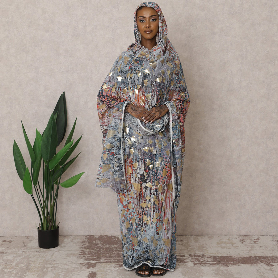 Grey Multicolor Traditional Sudanese Thobe – Pure Cotton Voile Fabric, 4.5 Meters, 140 cm Width, India-D22452