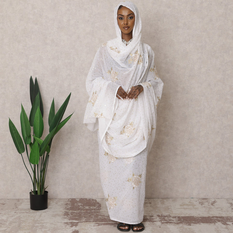 White Traditional Sudanese Thobe – Pure Cotton Voile Embroidery Fabric, 4.5 Meters, 140 cm Width, India-D22456