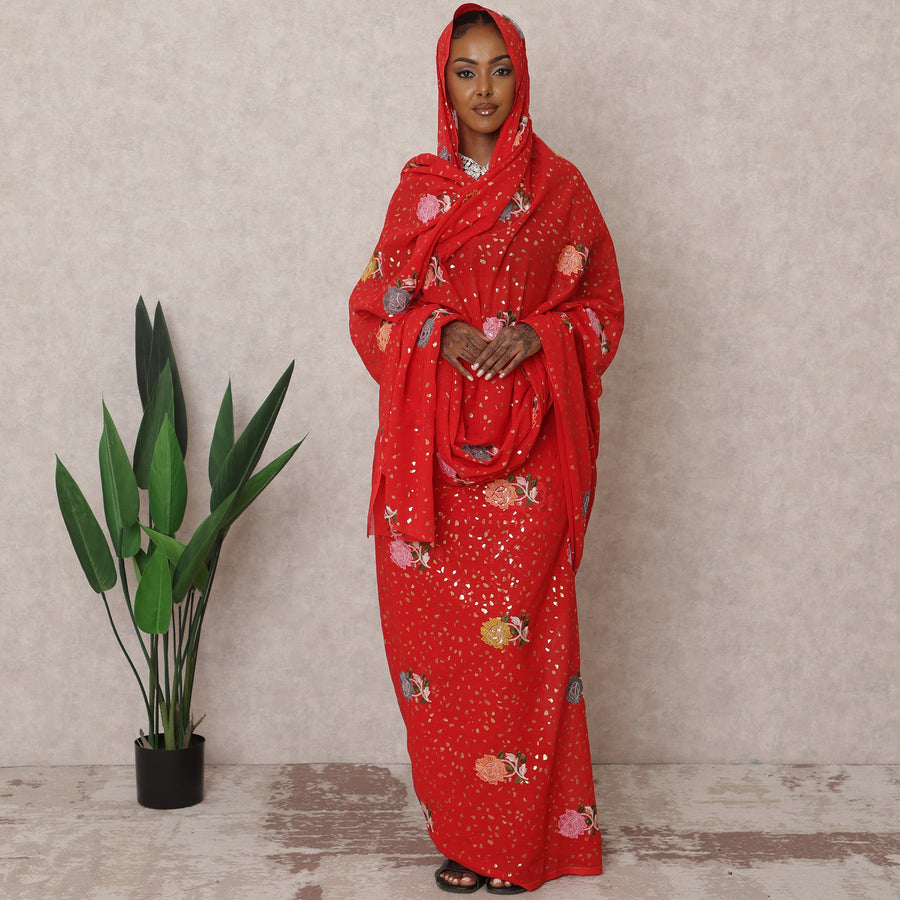 ثوب سوداني تقليدي أحمر - قماش تطريز فوال قطني خالص، 4.5 متر، عرض 140 سم، الهند - D22457