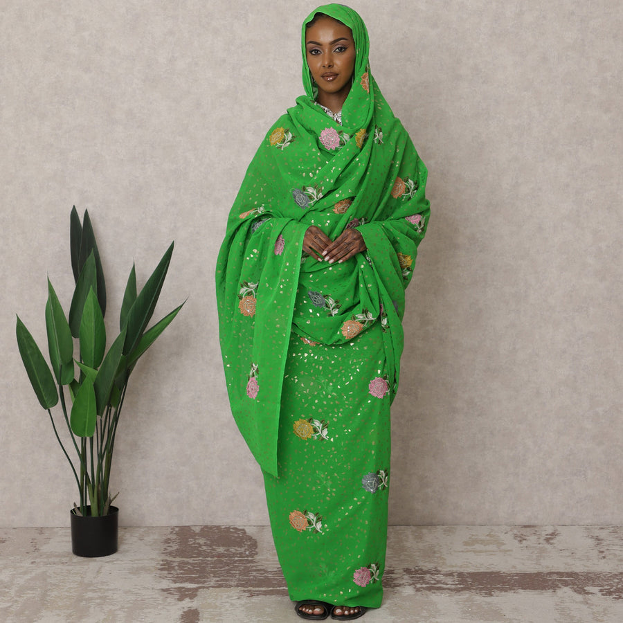 Green Traditional Sudanese Thobe – Pure Cotton Voile Embroidery Fabric, 4.5 Meters, 140 cm Width, India-D22459