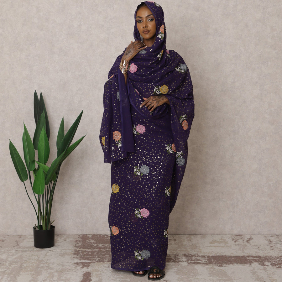 Purple Traditional Sudanese Thobe – Pure Cotton Voile Embroidery Fabric, 4.5 Meters, 140 cm Width, India-D22460