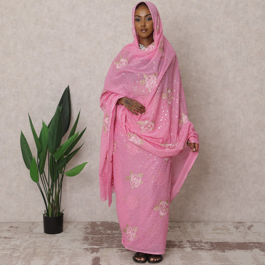 Pink Traditional Sudanese Thobe – Pure Cotton Voile Embroidery Fabric, 4.5 Meters, 140 cm Width, India-D22461