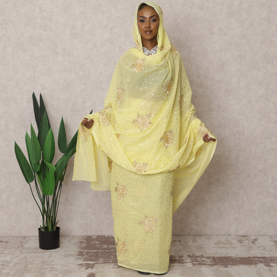 ثوب سوداني تقليدي أصفر - قماش تطريز فوال قطني خالص، 4.5 متر، عرض 140 سم، الهند - D22462