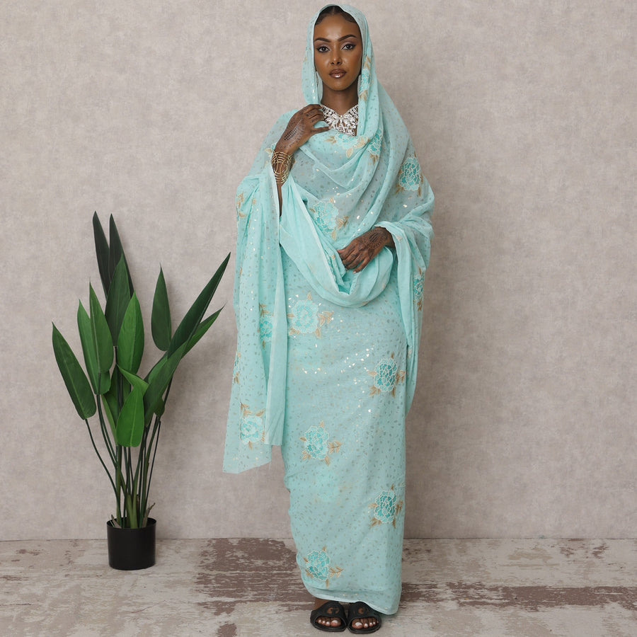 Sky Blue Traditional Sudanese Thobe – Pure Cotton Voile Embroidery Fabric, 4.5 Meters, 140 cm Width, India-D22464