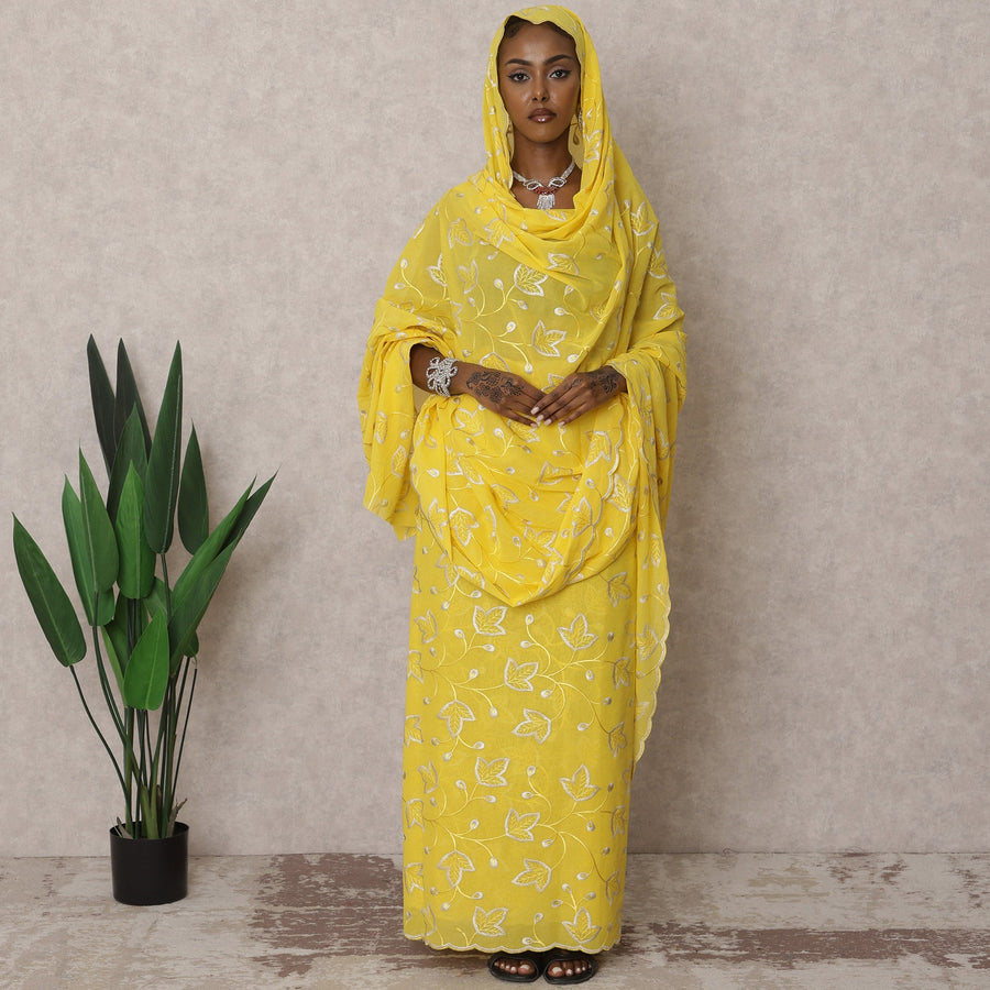 ثوب سوداني تقليدي فاخر أصفر اللون - قماش تطريز فوال قطني، 4.5 متر، عرض 140 سم، الهند - D22504