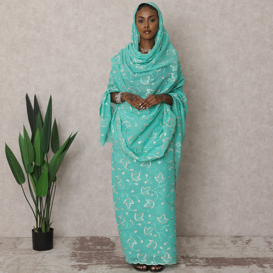 ثوب سوداني تقليدي فاخر من أكوا - قماش تطريز فوال قطني، 4.5 متر، عرض 140 سم، الهند - D22505