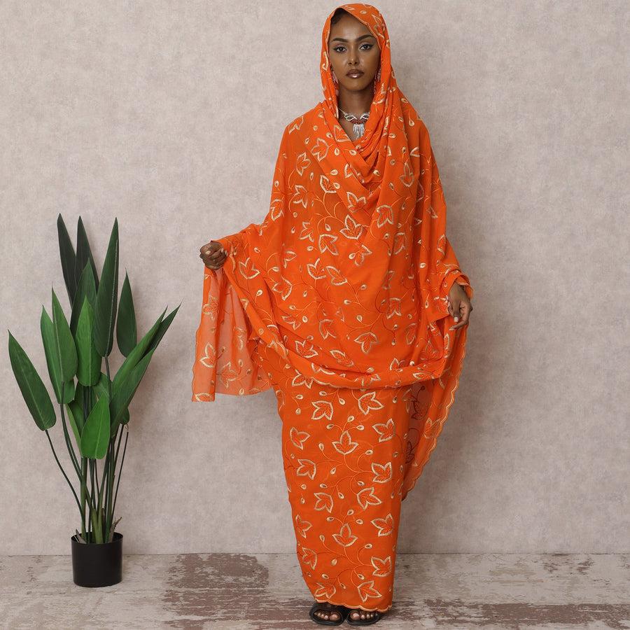 Orange Traditional Premium Sudanese Thobe – Cotton Voile Embroidery Fabric, 4.5 Meters, 140 cm Width, India-D22506
