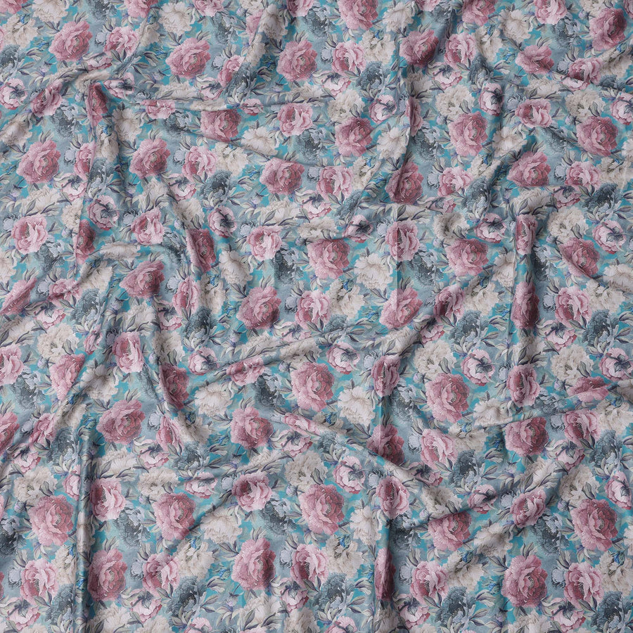 Teal Blue Multicolor Rose Print Cotton Satin Fabric, All-Over Digital Floral Design, 110 Cms Width, Made in India-D22603
