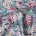 Teal Blue Multicolor Rose Print Cotton Satin Fabric, All-Over Digital Floral Design, 110 Cms Width, Made in India-D22603
