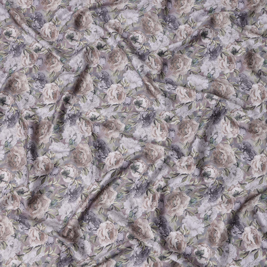 قماش ساتان قطني بطبعة ورود عتيقة باللون الرمادي الباهت، تصميم زهور رقمي كامل، عرض 110 سم، صنع في الهند - D22604