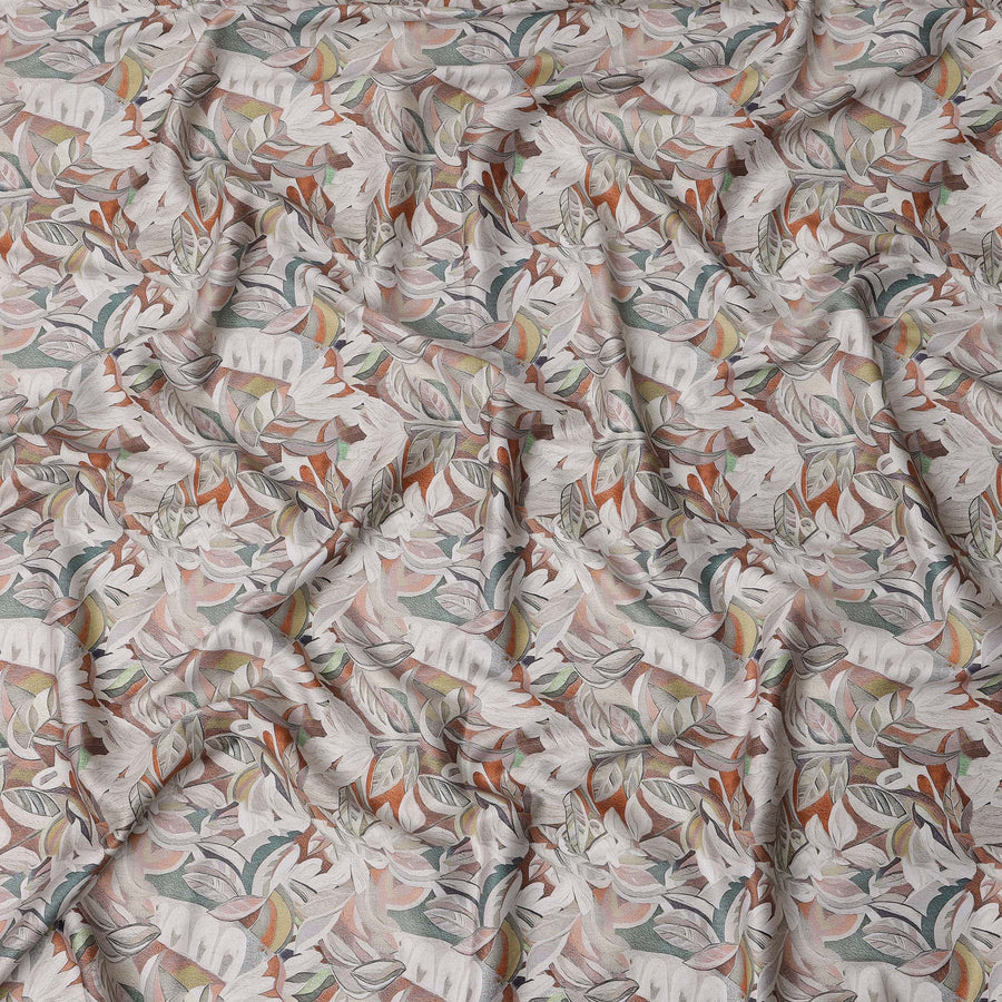 Soft Beige Tropical Leaf Print Cotton Satin Fabric, All-Over Multicolor Digital Design, 110 Cms Width, Made in India-D22613