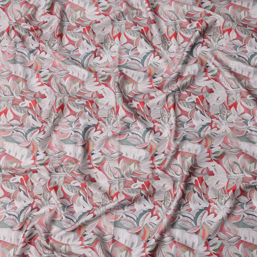 قماش قطني ساتان بطبعة أوراق استوائية حمراء فاتحة، تصميم رقمي متعدد الألوان، عرض 110 سم، صنع في الهند - D22614