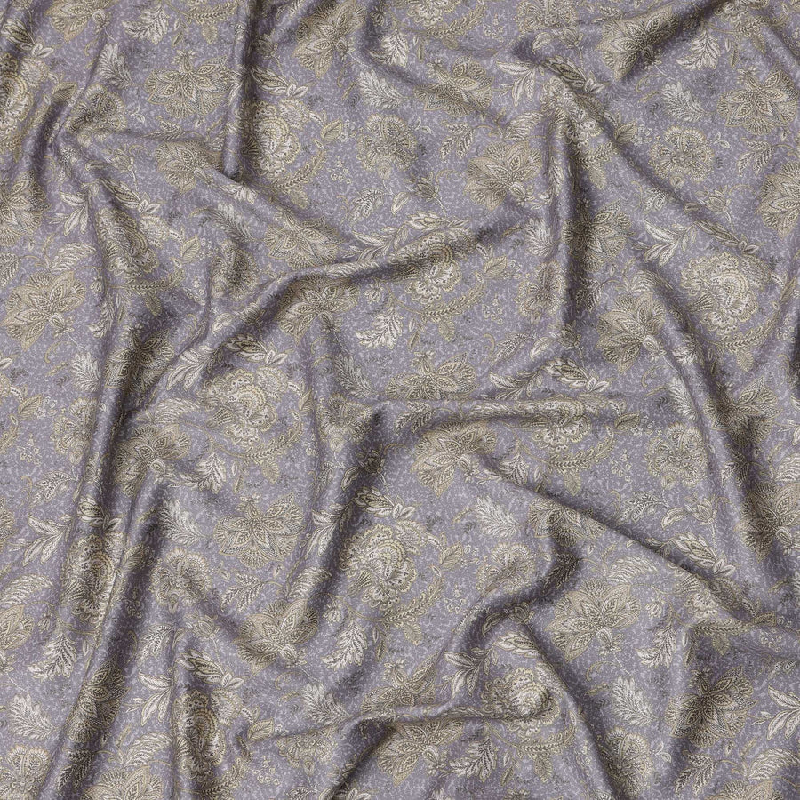 Dusty Lavender Ethnic Floral Jaal Cotton Satin Fabric, All-Over Golden Beige Digital Print, 110 Cms Width, Made in India-D22615